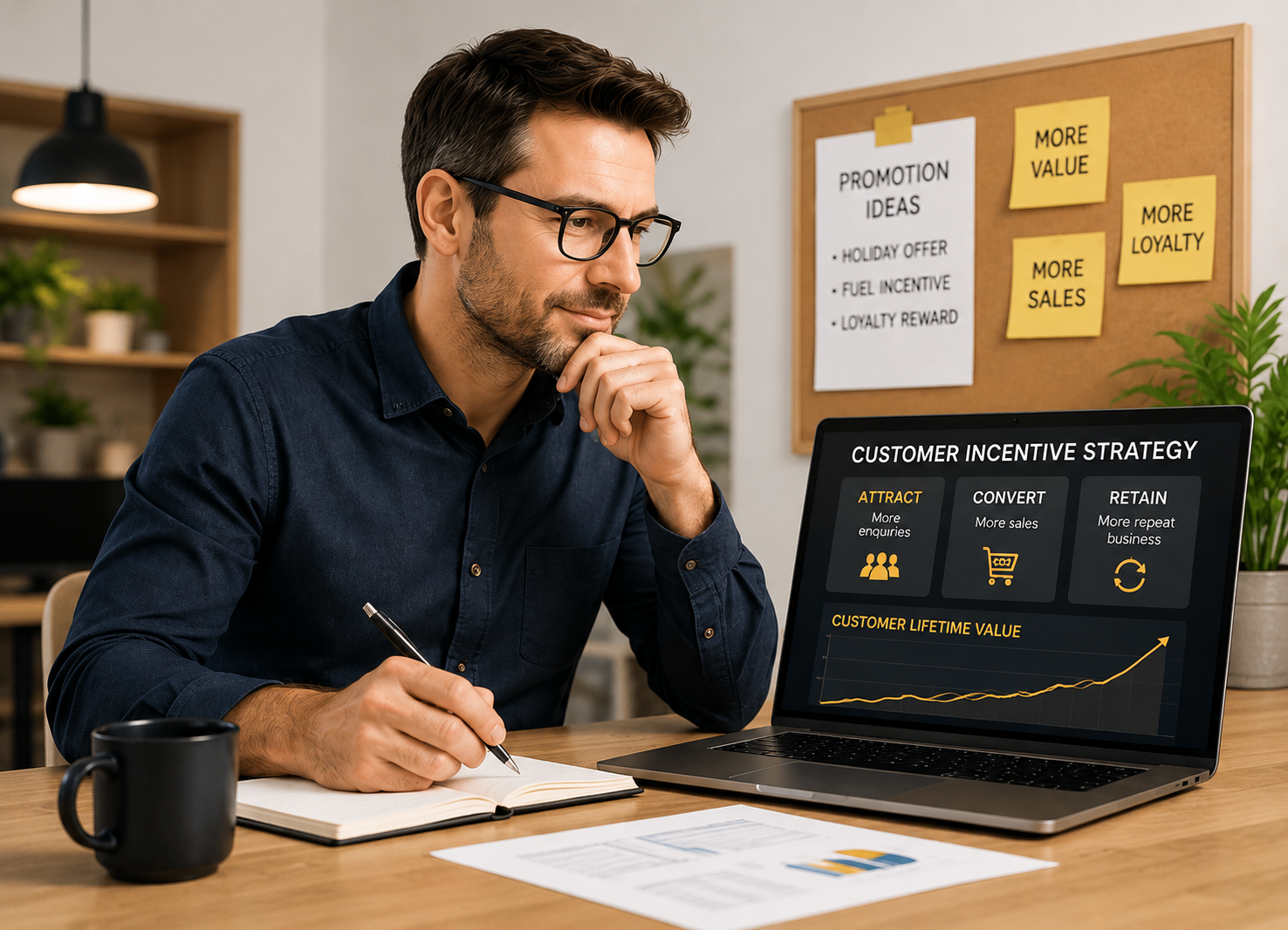Business owner reviewing an incentivised marketing strategy